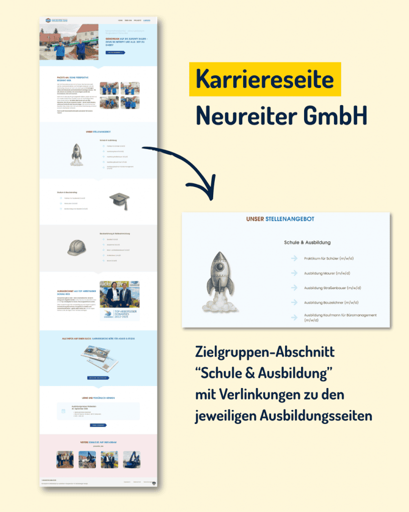 Beispiel Karriereseite eines Bauunternehmens mit Zielgruppenkacheln für Ausbildung und Karriere
