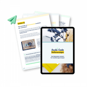 Darstellung von Modul 1 des Onlinekurses „Azubi-Code Stellenanzeigen“ mit Tablet-Mockup und PDF-Leitfaden zum Aufbau einer Ausbildungsanzeige.