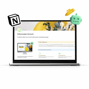 Darstellung von Modul 2 des Onlinekurses „Azubi-Code Stellenanzeigen“ mit Laptop und Notion-Board für das Schreiben von Ausbildungsanzeigen.