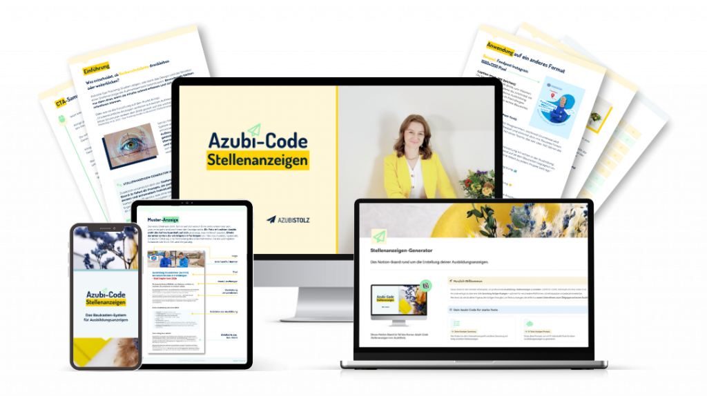 Mockup des Onlinekurses „Azubi-Code Stellenanzeigen“ von AzubiStolz für Azubimarketing und Ausbildungsanzeigen in KMUs
