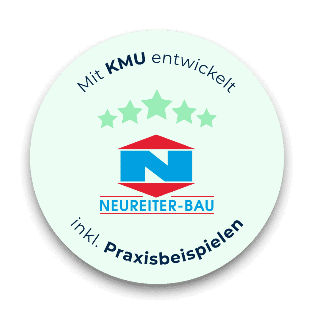 Siegel mit Hinweis „Mit KMU entwickelt – inklusive Praxisbeispielen“ als Zeichen für praxisnah entwickelte AzubiStolz-Kurse.