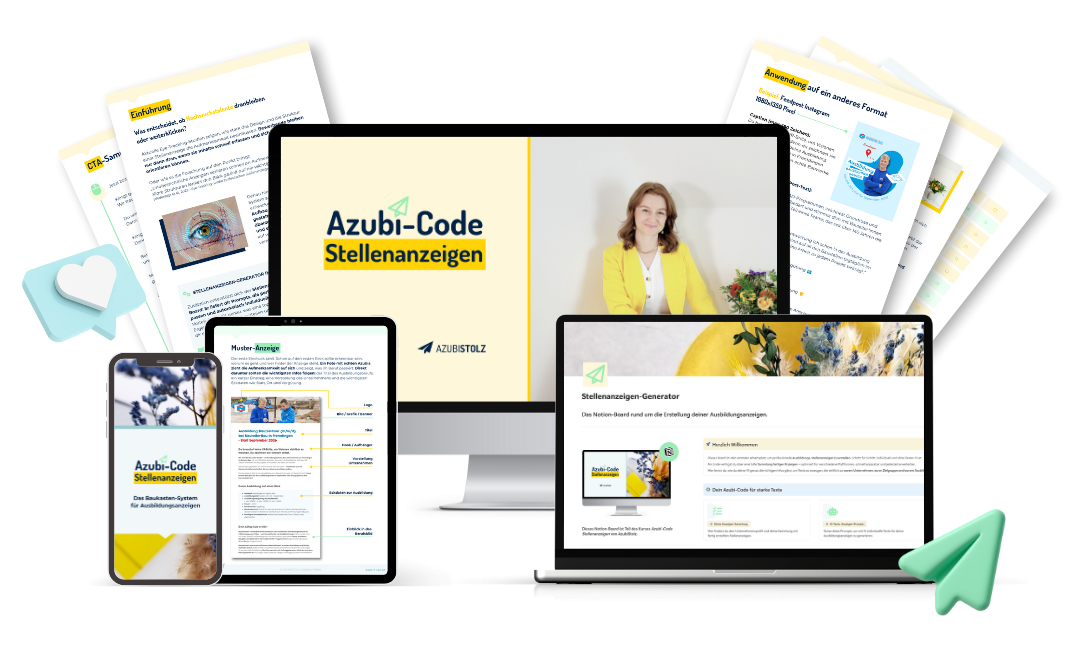 Mockup des Onlinekurses „Azubi-Code Stellenanzeigen“ von AzubiStolz für Azubimarketing und Ausbildungsanzeigen in kleinen und mittleren Unternehmen.
