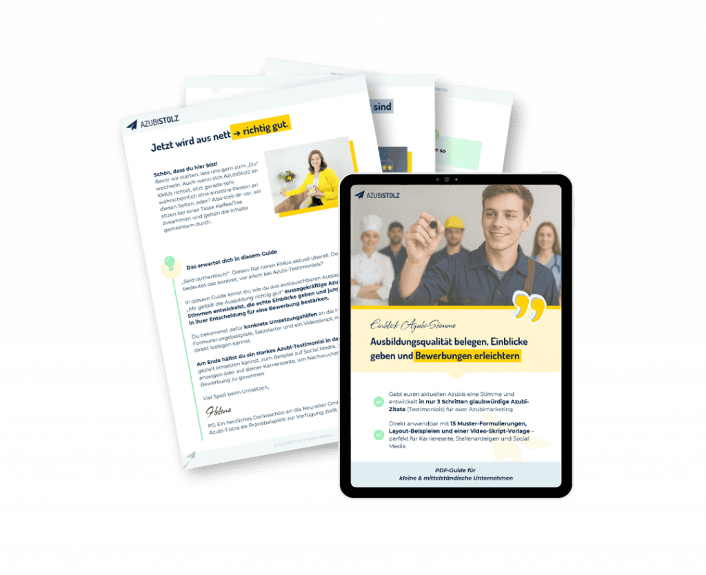 PDF-Leitfaden Azubi-Stimme für Ausbildungsbetriebe mit Beispielen für glaubwürdige Azubi-Testimonials im Ausbildungsmarketing