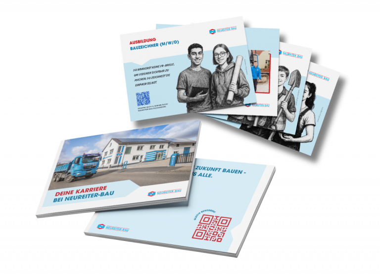 Azubibroschüre und Flyer eines Bauunternehmens für Schulmessen und Ausbildungsmarketing